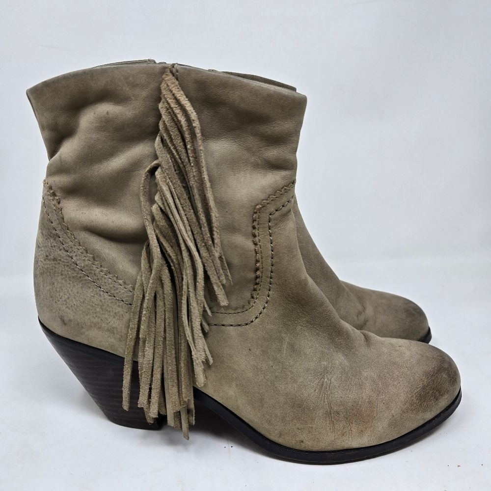 SAM EDELMAN Louie Western Ankle Boot Bootie Taupe Fringe Stacked Heel Size 9